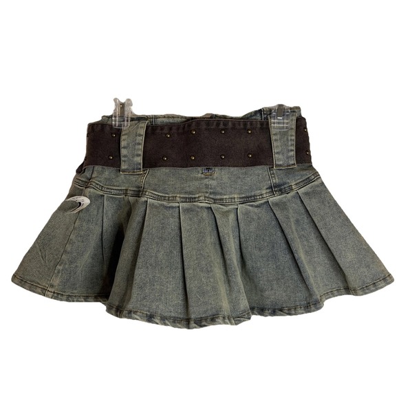 Sun Dream Retro Strapless Denim 2pc Detachable Brown Chunky Belt Kilt Mini Skirt - Picture 5 of 9
